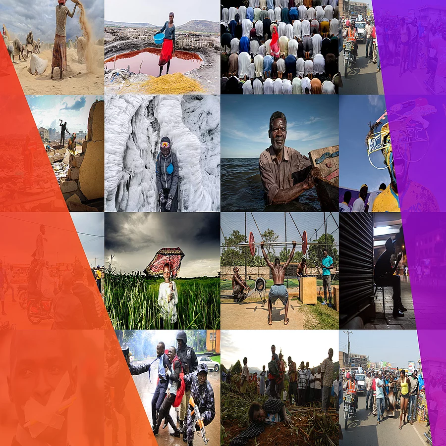 This picture shows a collage of scenes from everyday life and special events in various regions of Africa. It is part of a photography competition.