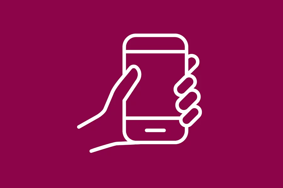 A white icon shows a smartphone being held in a hand on a dark red background