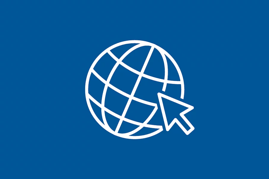 A white icon shows a globe with an arrow on a blue background