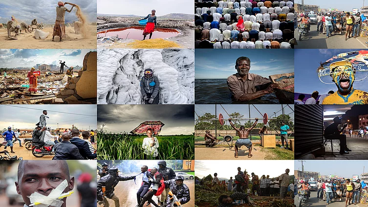 This picture shows a collage of scenes from everyday life and special events in various regions of Africa. It is part of a photography competition.